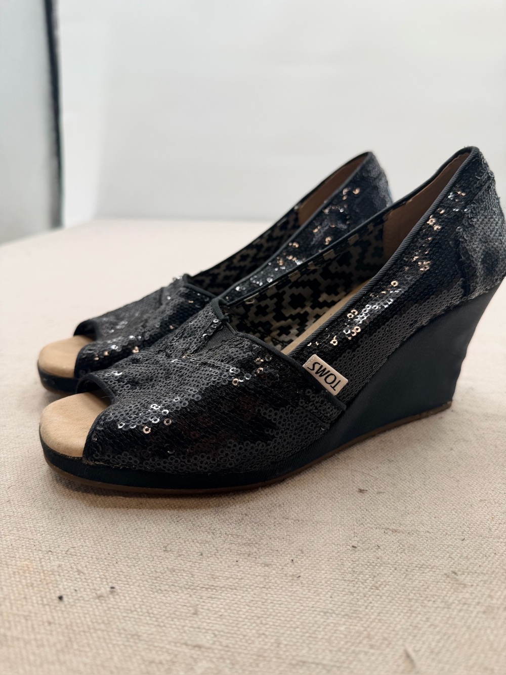 Toms Black Sequin Peep-Toe Wedge Heels